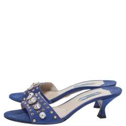 Pre Owned Prada Blue Suede Crystal Embellished Open Toe Sandals Size 37.5