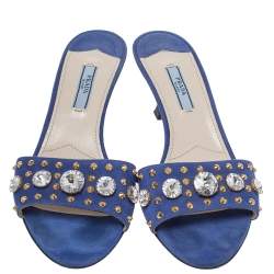 Pre Owned Prada Blue Suede Crystal Embellished Open Toe Sandals Size 37.5