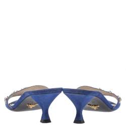 Pre Owned Prada Blue Suede Crystal Embellished Open Toe Sandals Size 37.5