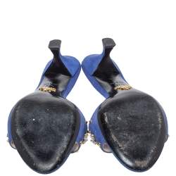 Pre Owned Prada Blue Suede Crystal Embellished Open Toe Sandals Size 37.5