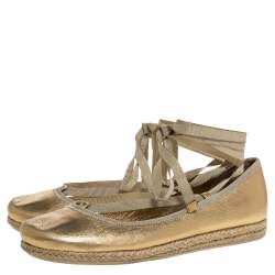 Pre Owned Prada Metallic Gold Leather Wrap Up Espadrille Flats Size 38