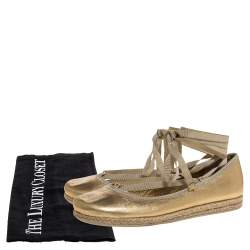 Pre Owned Prada Metallic Gold Leather Wrap Up Espadrille Flats Size 38