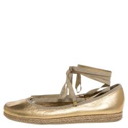 Pre Owned Prada Metallic Gold Leather Wrap Up Espadrille Flats Size 38