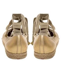 Pre Owned Prada Metallic Gold Leather Wrap Up Espadrille Flats Size 38