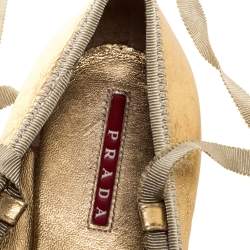 Pre Owned Prada Metallic Gold Leather Wrap Up Espadrille Flats Size 38
