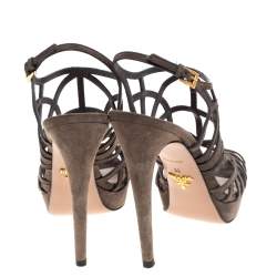 Pre Owned Prada Grey Suede Caged Peep Toe Platform Slingback Sandals Size 38
