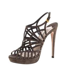 Pre Owned Prada Grey Suede Caged Peep Toe Platform Slingback Sandals Size 38