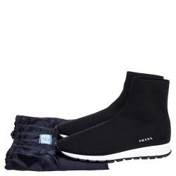 Pre Owned Prada Black Knit Fabric High Top Slip On Sneakers Size 37