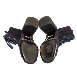 Pre Owned Prada Blue Suede Cut Out Lace Up Open Toe Block Heel Ankle Boots Size 40