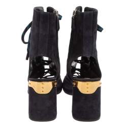 Pre Owned Prada Blue Suede Cut Out Lace Up Open Toe Block Heel Ankle Boots Size 40