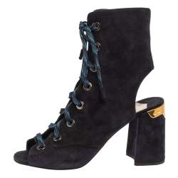 Pre Owned Prada Blue Suede Cut Out Lace Up Open Toe Block Heel Ankle Boots Size 40