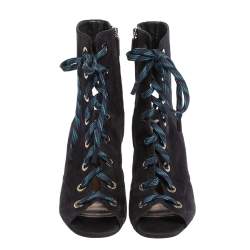 Pre Owned Prada Blue Suede Cut Out Lace Up Open Toe Block Heel Ankle Boots Size 40