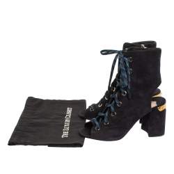 Pre Owned Prada Blue Suede Cut Out Lace Up Open Toe Block Heel Ankle Boots Size 40