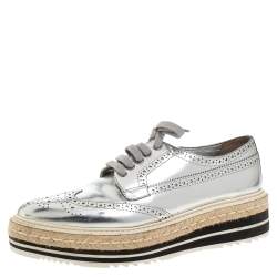 Pre Owned Prada Silver Glossy Brogue Leather Derby Espadrille Sneakers Size 39.5