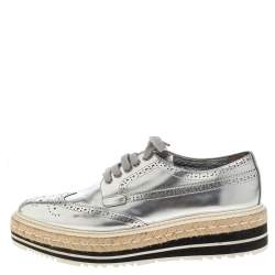Pre Owned Prada Silver Glossy Brogue Leather Derby Espadrille Sneakers Size 39.5