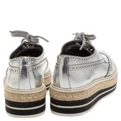 Pre Owned Prada Silver Glossy Brogue Leather Derby Espadrille Sneakers Size 39.5
