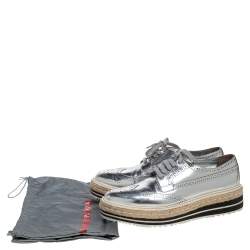 Pre Owned Prada Silver Glossy Brogue Leather Derby Espadrille Sneakers Size 39.5