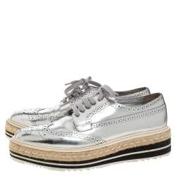 Pre Owned Prada Silver Glossy Brogue Leather Derby Espadrille Sneakers Size 39.5
