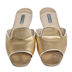 Pre Owned Prada Metallic Gold Saffiano Leather Flat Slides Size 41