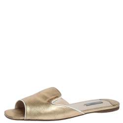 Pre Owned Prada Metallic Gold Saffiano Leather Flat Slides Size 41