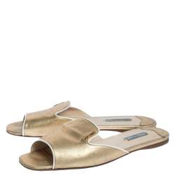 Pre Owned Prada Metallic Gold Saffiano Leather Flat Slides Size 41