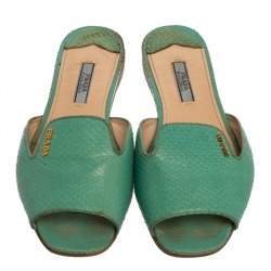 Prada Green Ayers Snake Leather Flat Slides Size 37