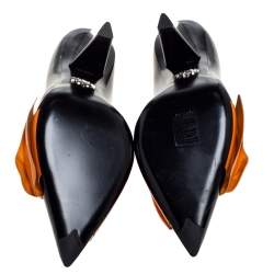 Pre Owned Prada Black Leather and Orange Patent Bow Detail Pointed Toe Pumps Size 38.5