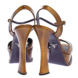 Pre Owned Prada Brown Leather Cross Strap Open Toe Platform Ankle Strap Sandals Size 38