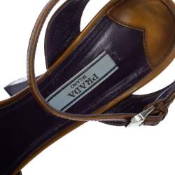 Pre Owned Prada Brown Leather Cross Strap Open Toe Platform Ankle Strap Sandals Size 38