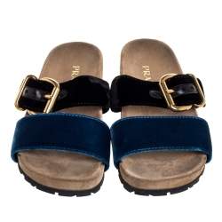 Prada Black/Blue Velvet Slide Flat Sandals Size 36