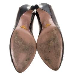 Pre Owned Prada Brown/Black Studded Textured Leather Bow Pumps Size 38.5