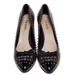 Pre Owned Prada Brown/Black Studded Textured Leather Bow Pumps Size 38.5