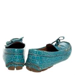 Prada Blue Crocodile Leather Bow Slip On Loafers 39