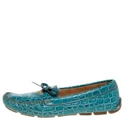 Prada Blue Crocodile Leather Bow Slip On Loafers 39