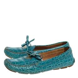 Prada Blue Crocodile Leather Bow Slip On Loafers 39