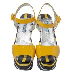 Pre Owned Prada Yellow Patent And Striped Satin Platform Wedge Ankle Strap Sandals Size 37.5