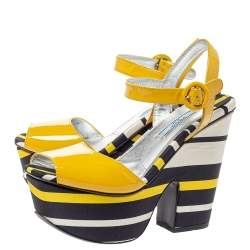 Pre Owned Prada Yellow Patent And Striped Satin Platform Wedge Ankle Strap Sandals Size 37.5