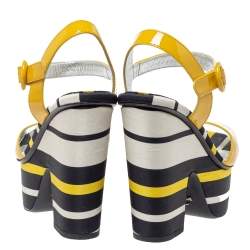 Pre Owned Prada Yellow Patent And Striped Satin Platform Wedge Ankle Strap Sandals Size 37.5