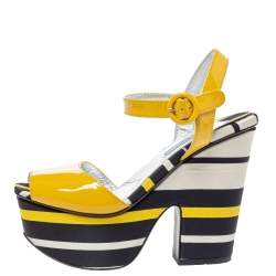 Pre Owned Prada Yellow Patent And Striped Satin Platform Wedge Ankle Strap Sandals Size 37.5