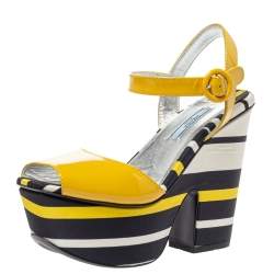 Pre Owned Prada Yellow Patent And Striped Satin Platform Wedge Ankle Strap Sandals Size 37.5