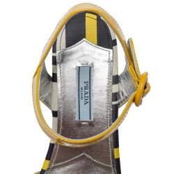 Pre Owned Prada Yellow Patent And Striped Satin Platform Wedge Ankle Strap Sandals Size 37.5