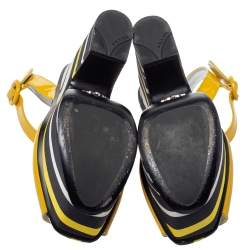 Pre Owned Prada Yellow Patent And Striped Satin Platform Wedge Ankle Strap Sandals Size 37.5