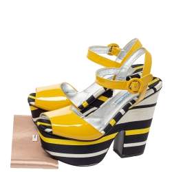 Pre Owned Prada Yellow Patent And Striped Satin Platform Wedge Ankle Strap Sandals Size 37.5