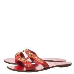 Pre Owned Prada Red Patent Leather Studded Flat Slides Size 39