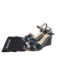 Pre Owned Prada Blue Criss Cross Leather Ankle Strap Wedge Sandals Size 41