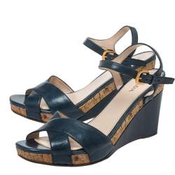 Pre Owned Prada Blue Criss Cross Leather Ankle Strap Wedge Sandals Size 41