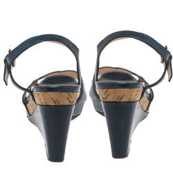 Pre Owned Prada Blue Criss Cross Leather Ankle Strap Wedge Sandals Size 41