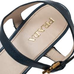 Pre Owned Prada Blue Criss Cross Leather Ankle Strap Wedge Sandals Size 41
