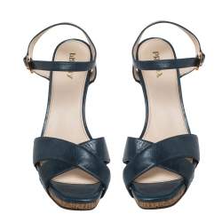 Pre Owned Prada Blue Criss Cross Leather Ankle Strap Wedge Sandals Size 41