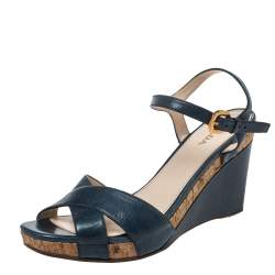Pre Owned Prada Blue Criss Cross Leather Ankle Strap Wedge Sandals Size 41
